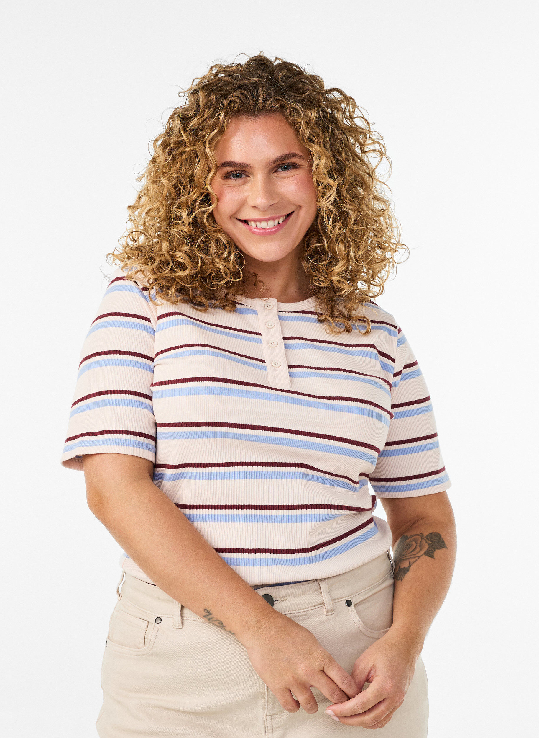 ZizziT-shirt met strepen en geribde knoopdetails, Paars, Model image number 0