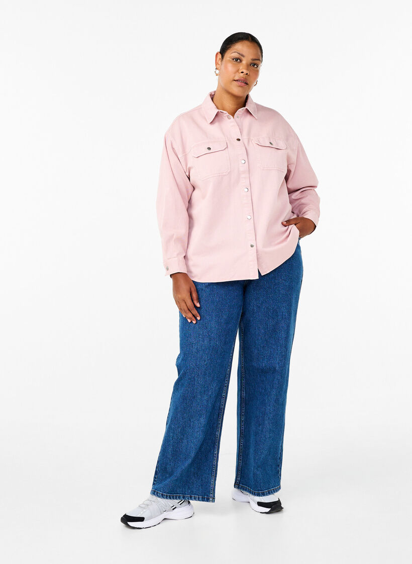 Effen denim overhemd met borstzakken, Pale Mauve, Model image number 2