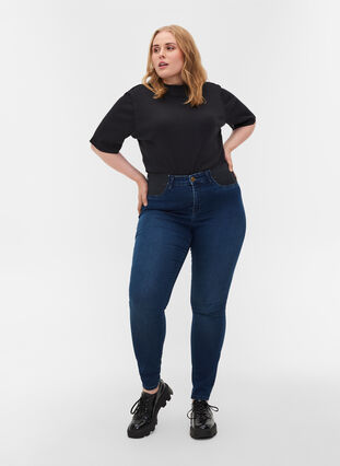 Super slim fit Amy jeans met elastiek in de taille, Dark blue denim, Model image number 0