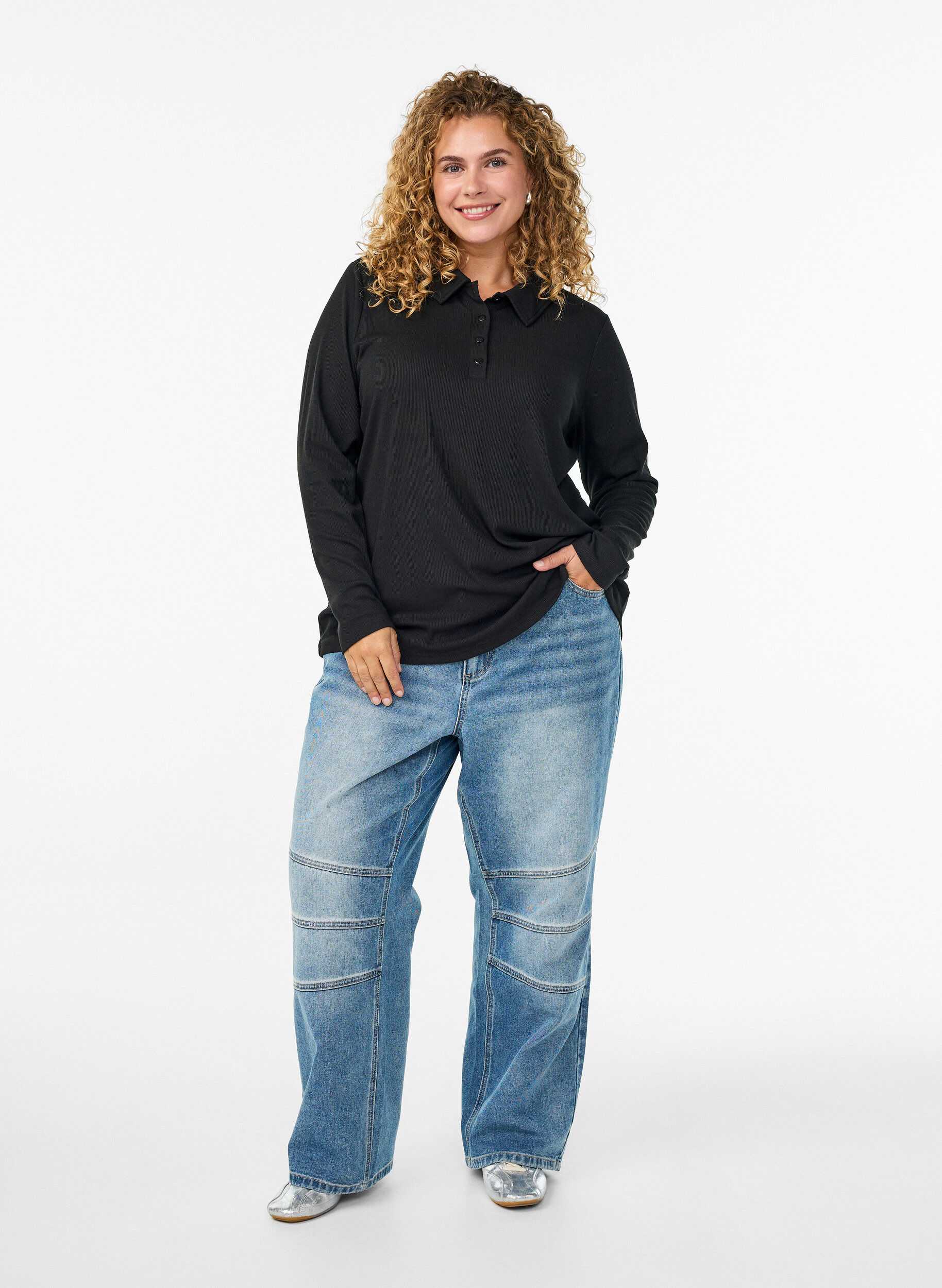 Zizzi Lange mouwen polo in stretchende geribde kwaliteit, Zwart, Model image number 1