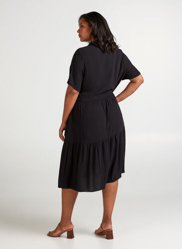 Viscose midi-jurk met korte mouwen, Black solid , Model image number 1