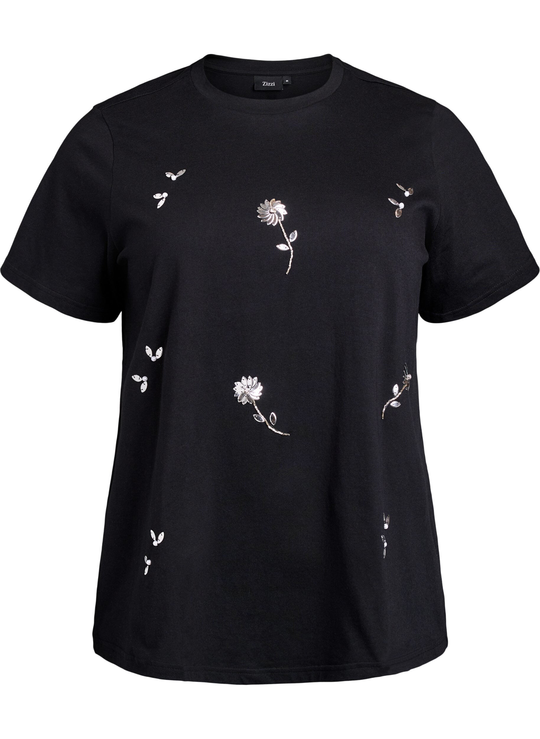 Zizzi T-shirt met paillettenbloemen, Zwart, Packshot image number 0