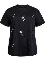 T-shirt met paillettenbloemen, Zwart