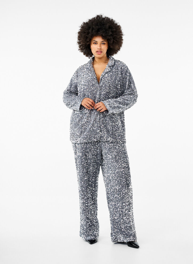 Losse paillettenbroek met hoge taille, Silver, Model image number 0