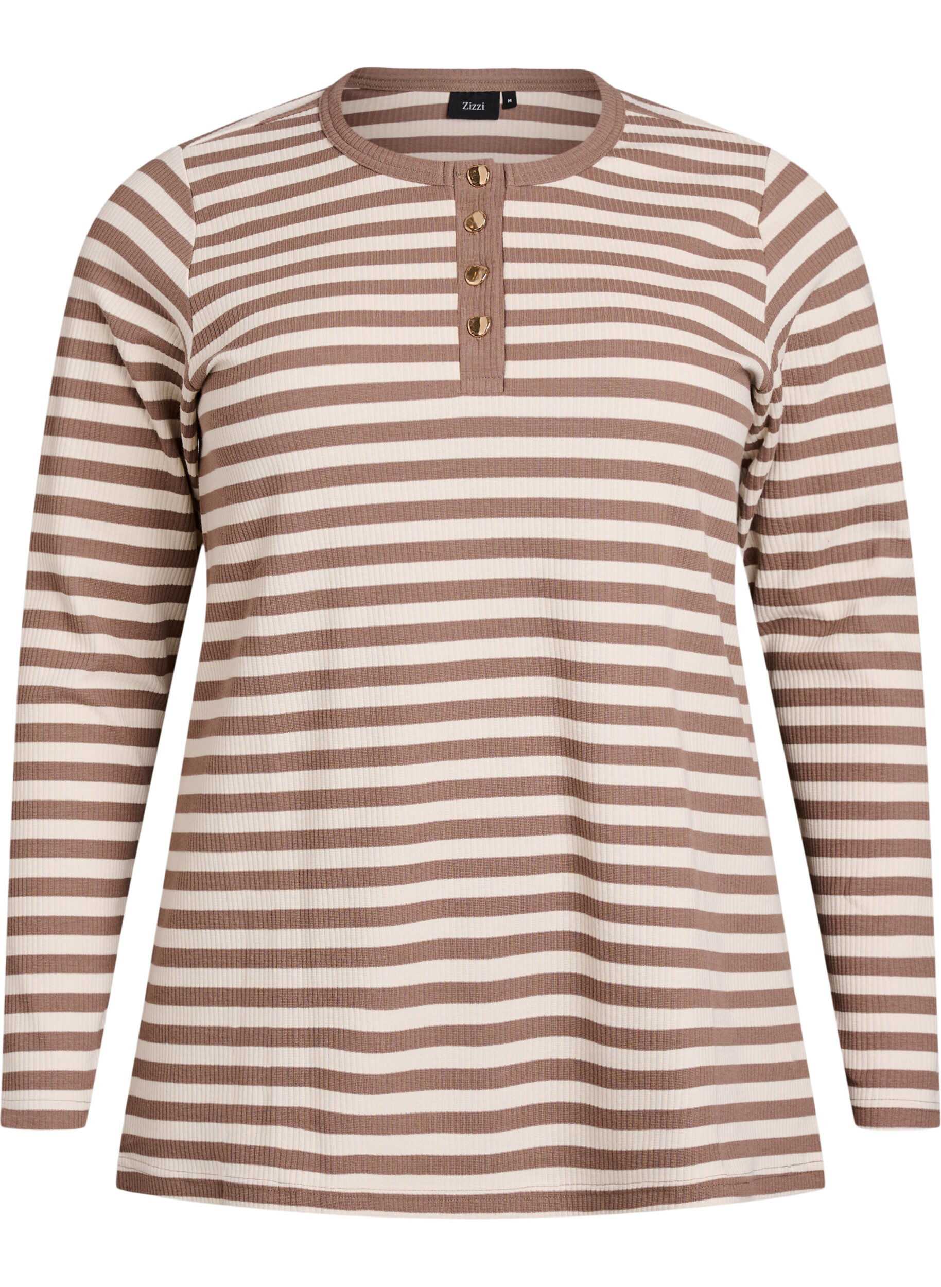 Zizzi Gestreepte jersey blouse met een geribde textuur, Vanille, Packshot image number 0