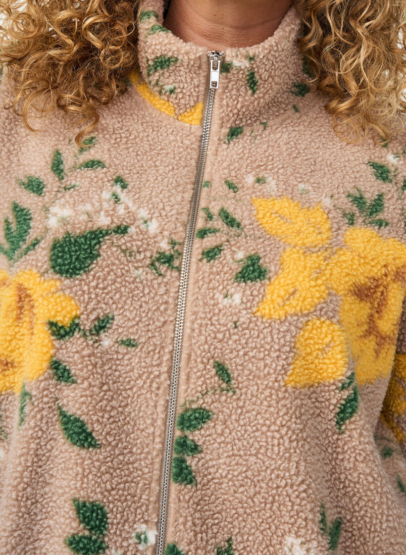 Floral fleecejack met een hoogsluitende kraag en ritssluiting, Beige, Model image number 3