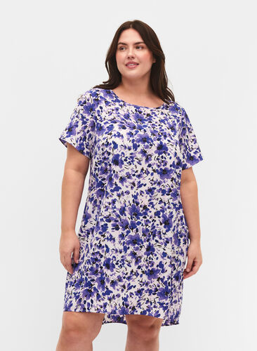 Bedrukte jurk met korte mouwen, Purple Small Flower, Model image number 0