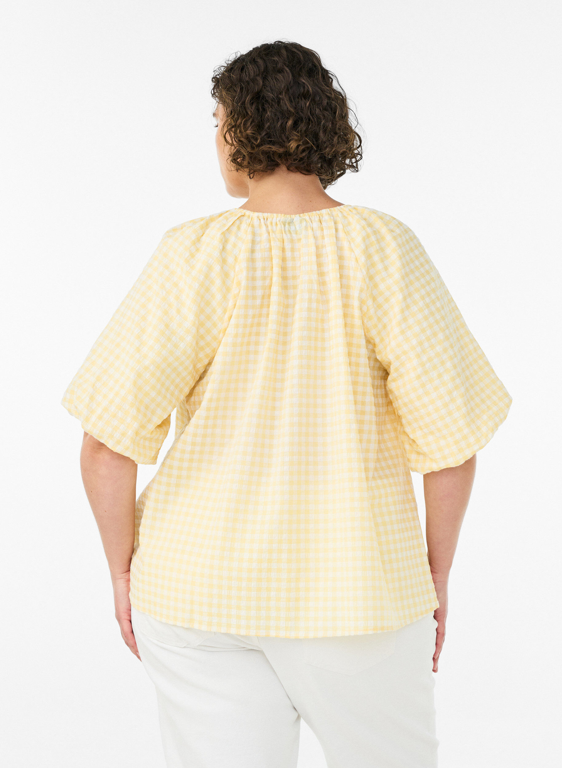 ZizziBlouse met kleine ruit, elastische hals en halflange mouwen, Geel, Model image number 2