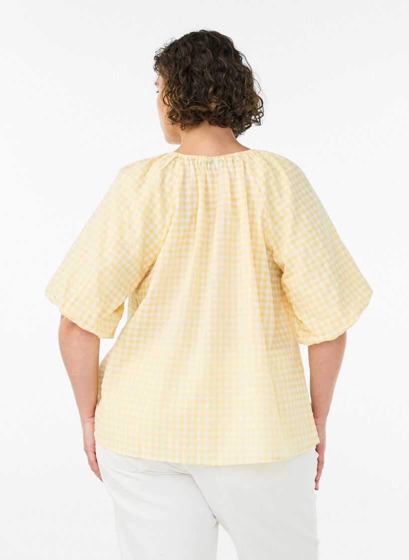 Blouse met kleine ruit, elastische hals en halflange mouwen, Geel, Model image number 2