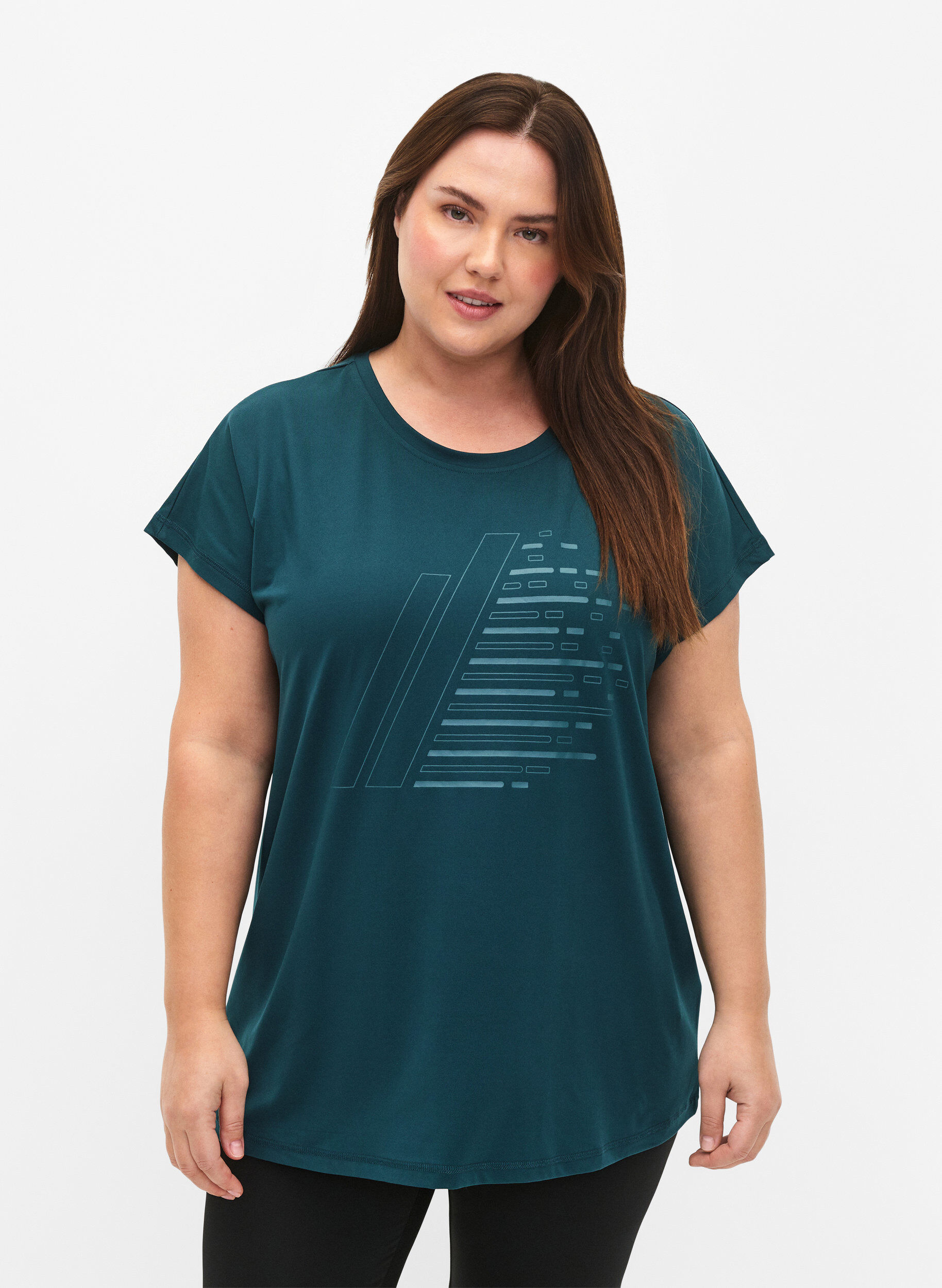 Zizzi Trainings-T-shirt met korte mouwen en print, Deep Teal/Pacific, Model image number 0