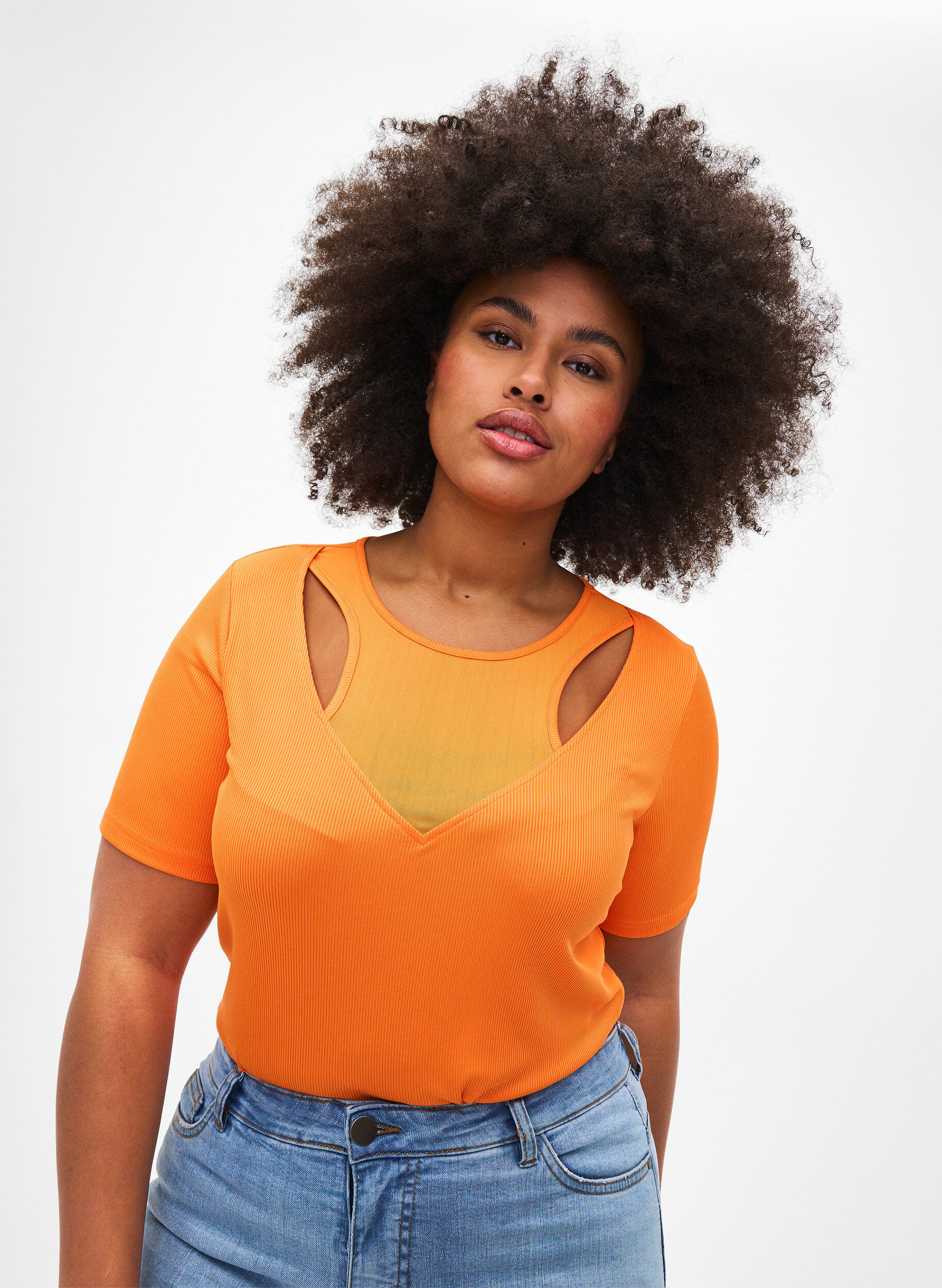 Zizzi Aansluitende blouse met mesh detail, Vibrant Orange, Model image number 0