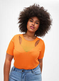 Aansluitende blouse met mesh detail, Vibrant Orange, Model