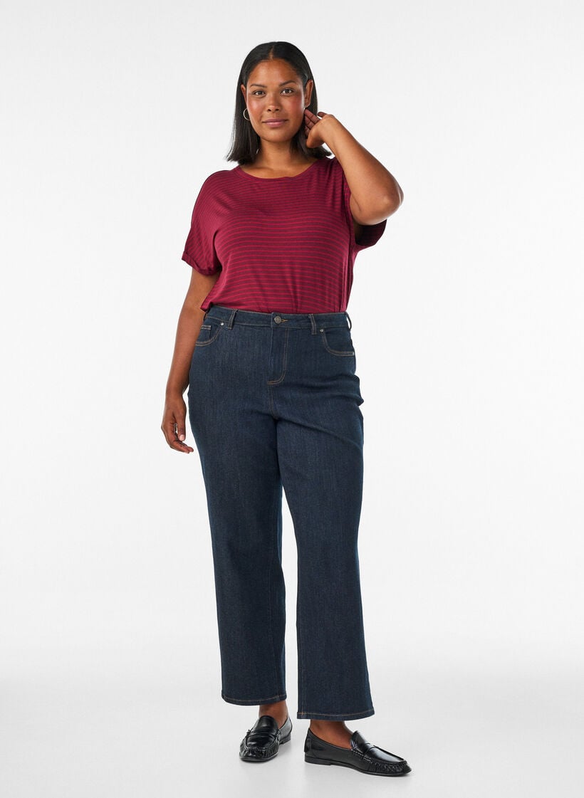 Gestreept T-shirt in viscose met een ronde hals, Rood, Model image number 1