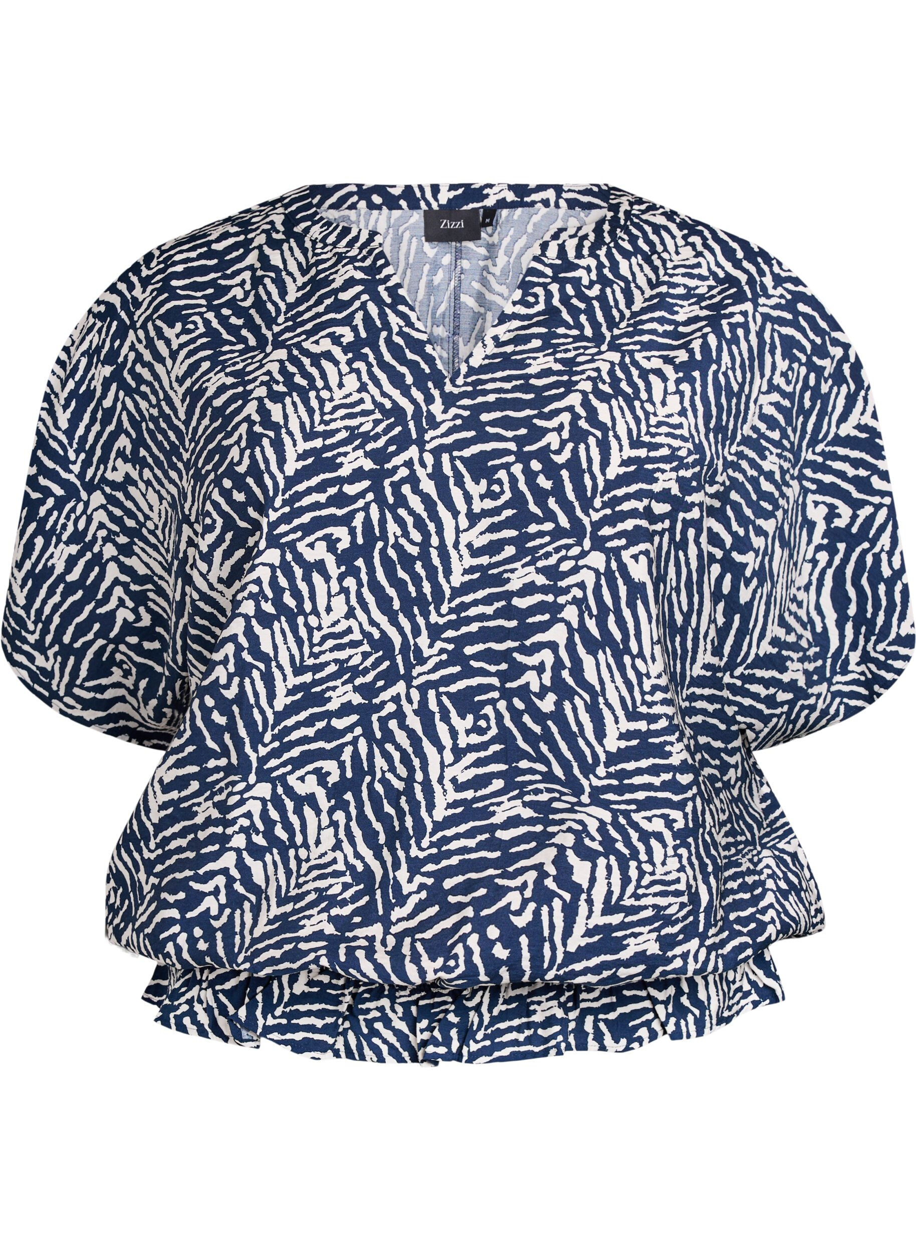 Zizzi Blouse met korte mouwen en een rucherand, Blauw, Packshot image number 0