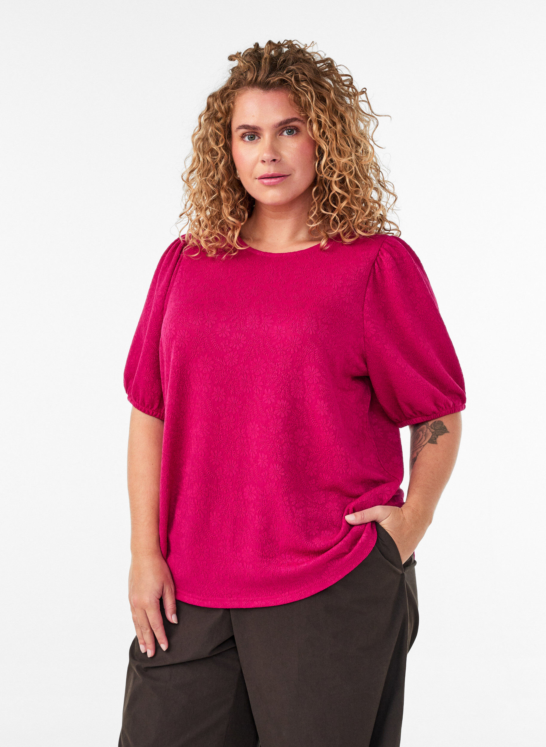 ZizziBlouse met textuur en korte mouwen, Roze, Model image number 0