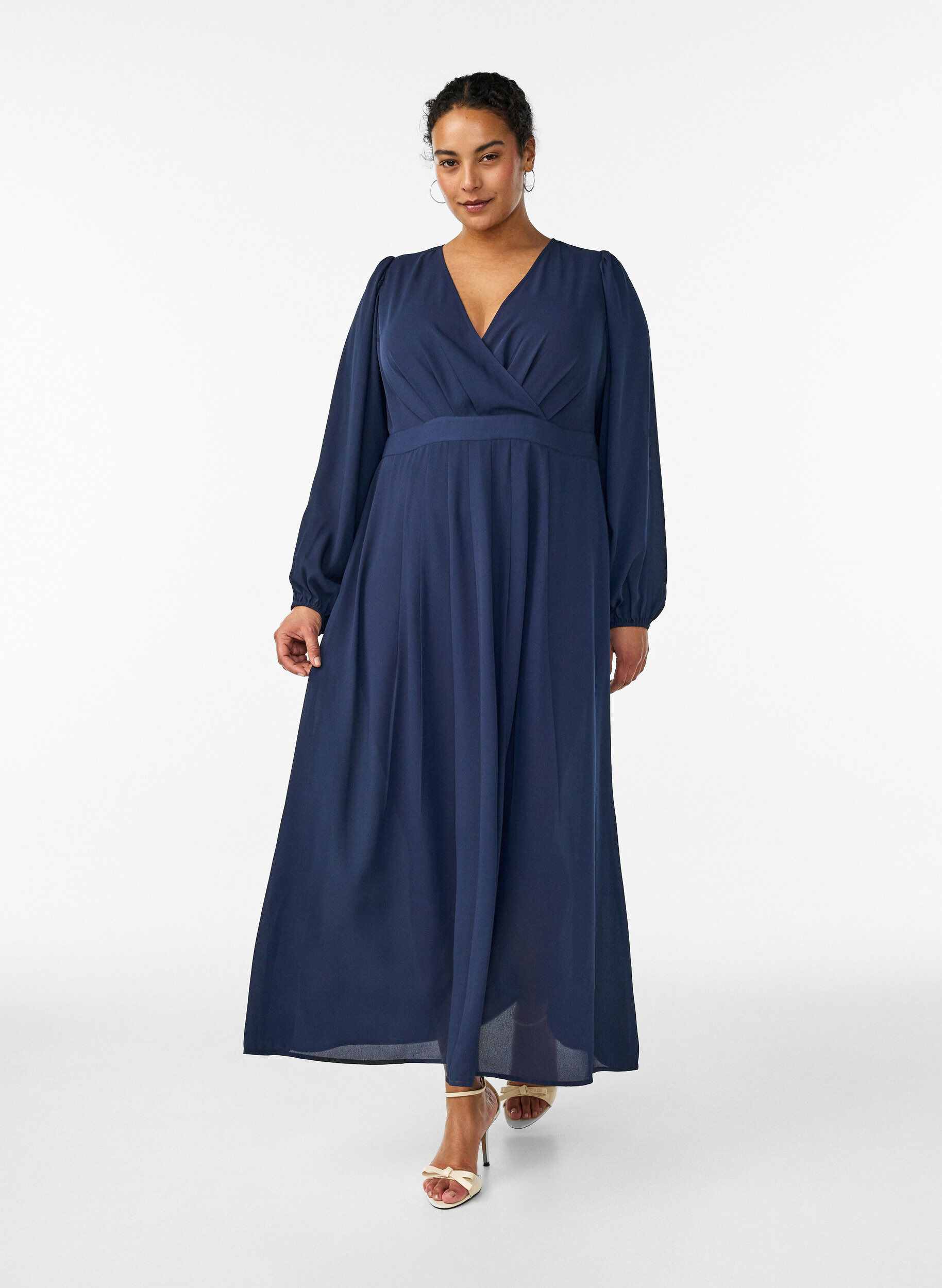 Maxijurk met overslaghals en lange mouwen, Blauw, Model