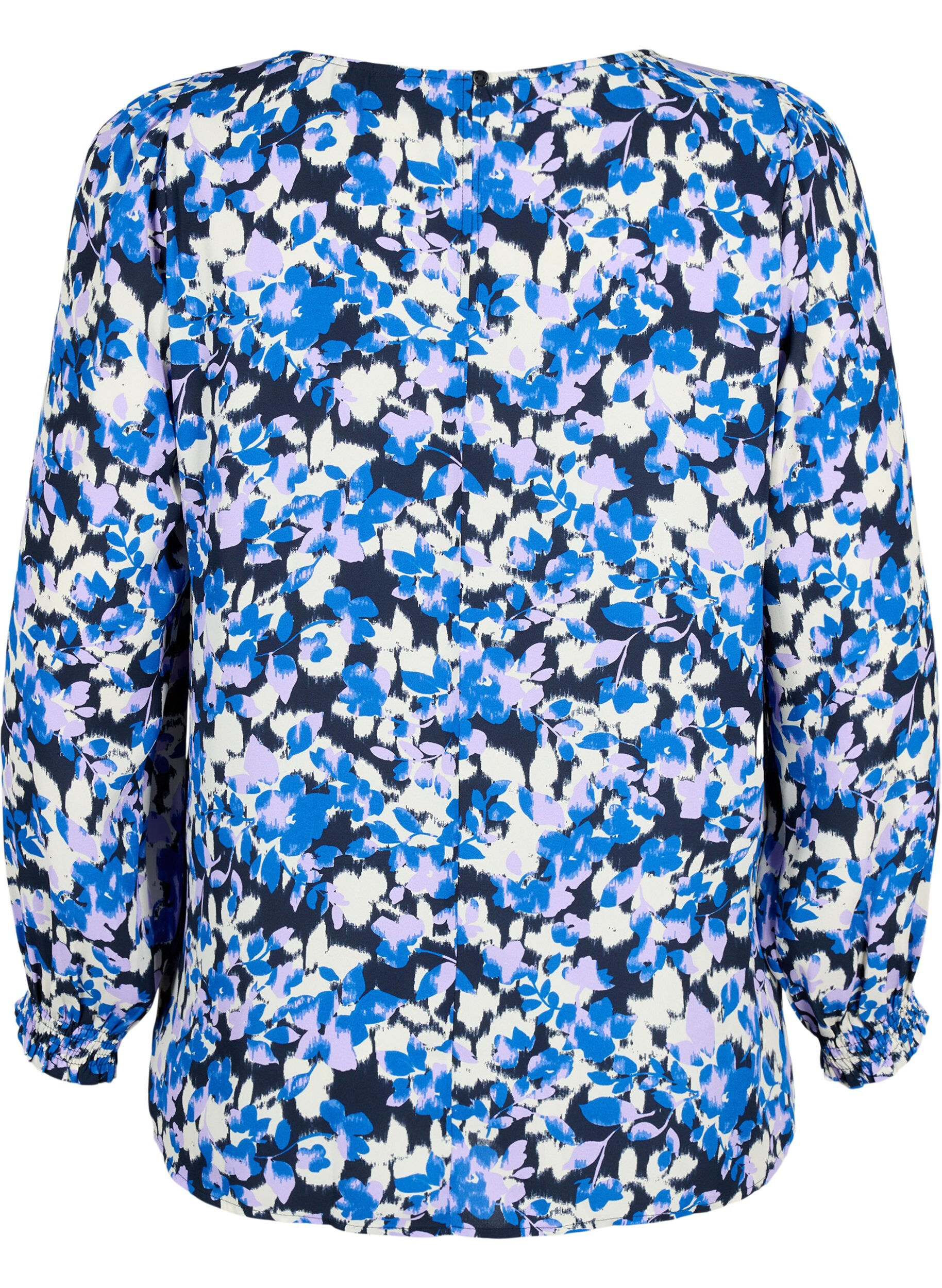 Zizzi FLASH - Blouse met lange mouwen, smok en print, Blue Purple Flower, Packshot image number 1