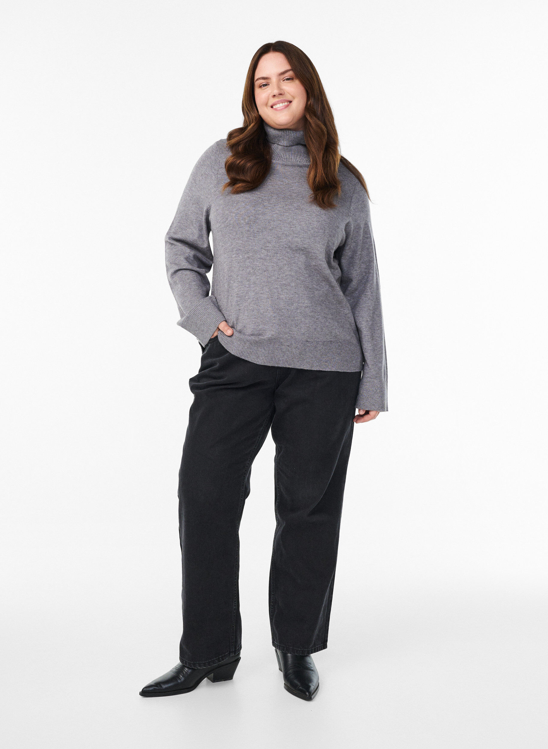 Zizzi Gebreide blouse met col en knopen aan de zijkant, Grijs, Model image number 1