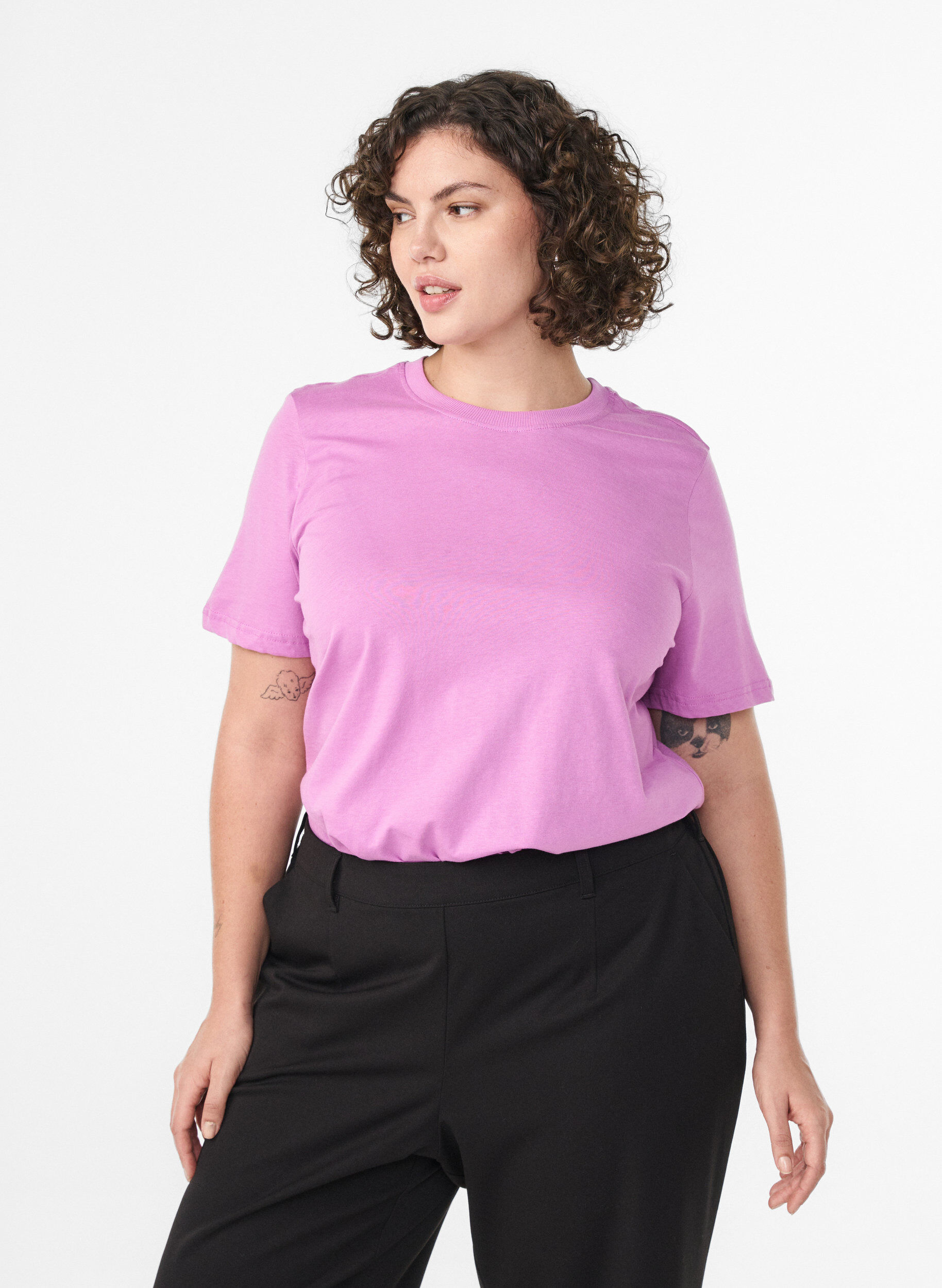 ZizziBasic katoenen T-shirt met ronde hals, Paars, Model image number 0