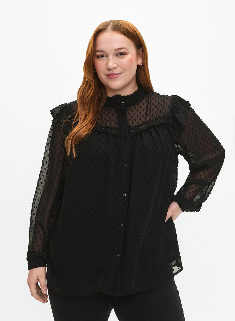 T-shirtblouse met ruches en een gestippelde textuur, Black, Model image number 0