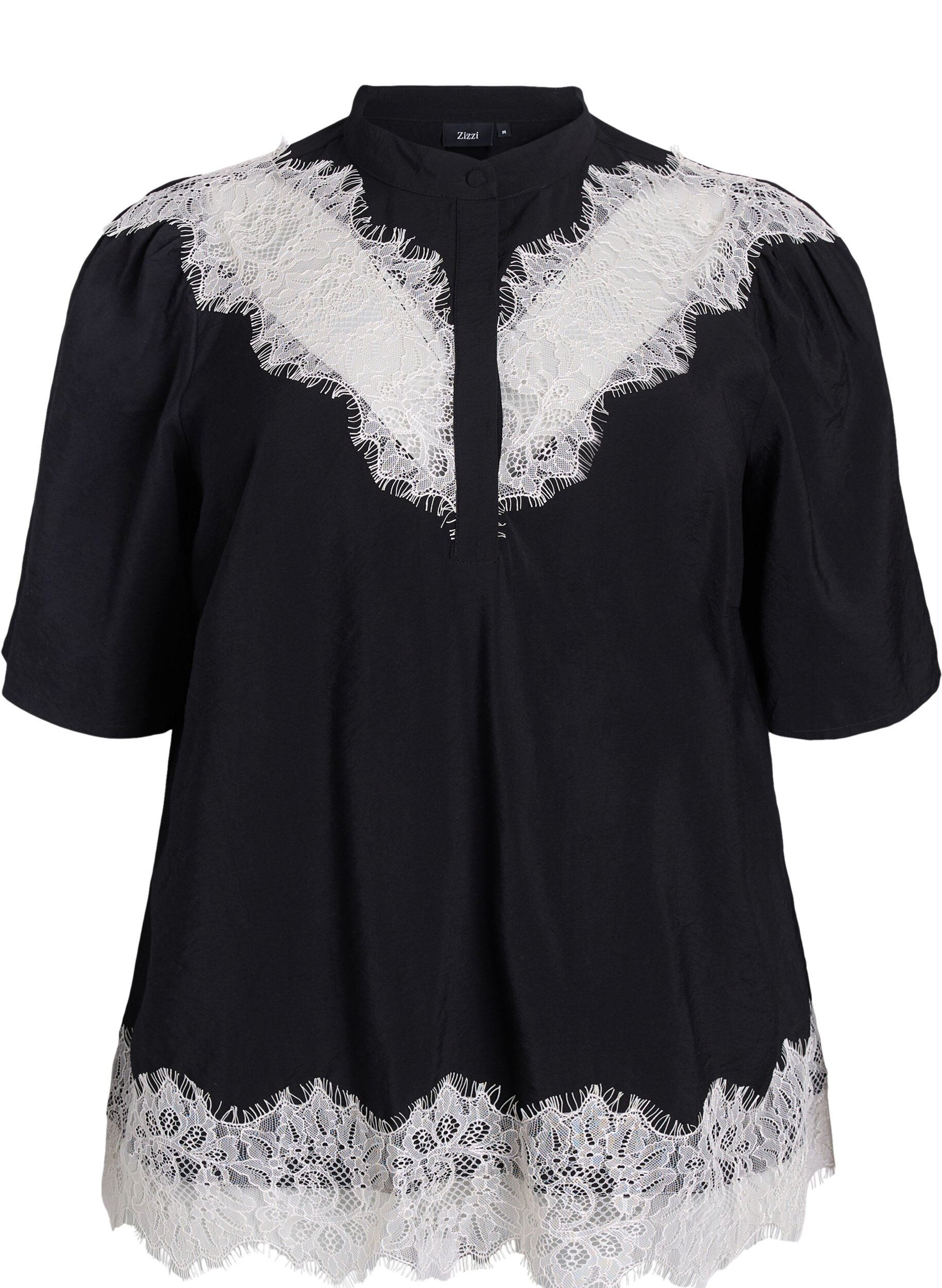 Zizzi Blouse met korte mouwen en kanten details, Zwart, Packshot image number 0