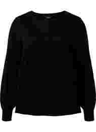 Effen gekleurde gebreide trui met ribdetails, Black