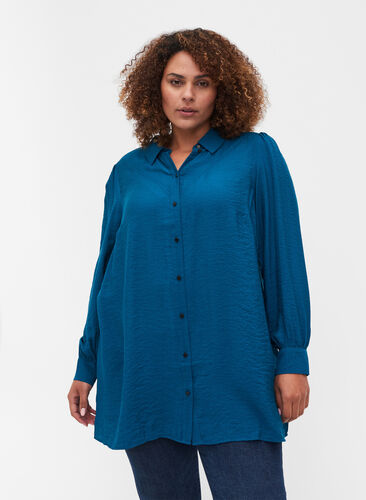 Lange blouse in effen kleur en viscosemix, Moroccan Blue, Model image number 0