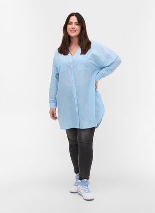Gestreepte blouse in 100% katoen, Lichen Blue Stripe , Model image number 2