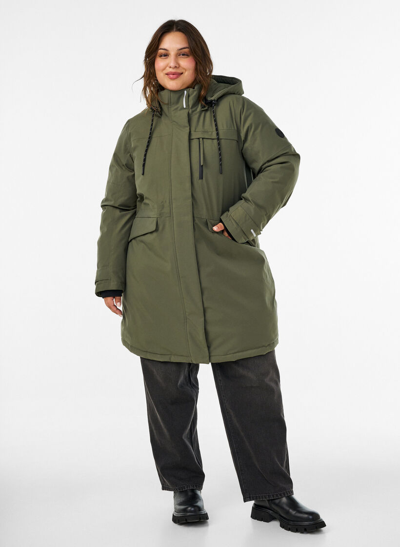 Waterafstotende parka met capuchon en functionele details, Groen, Model image number 1