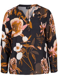 100% viscose blouse met bloemenprint, Black Flower AOP