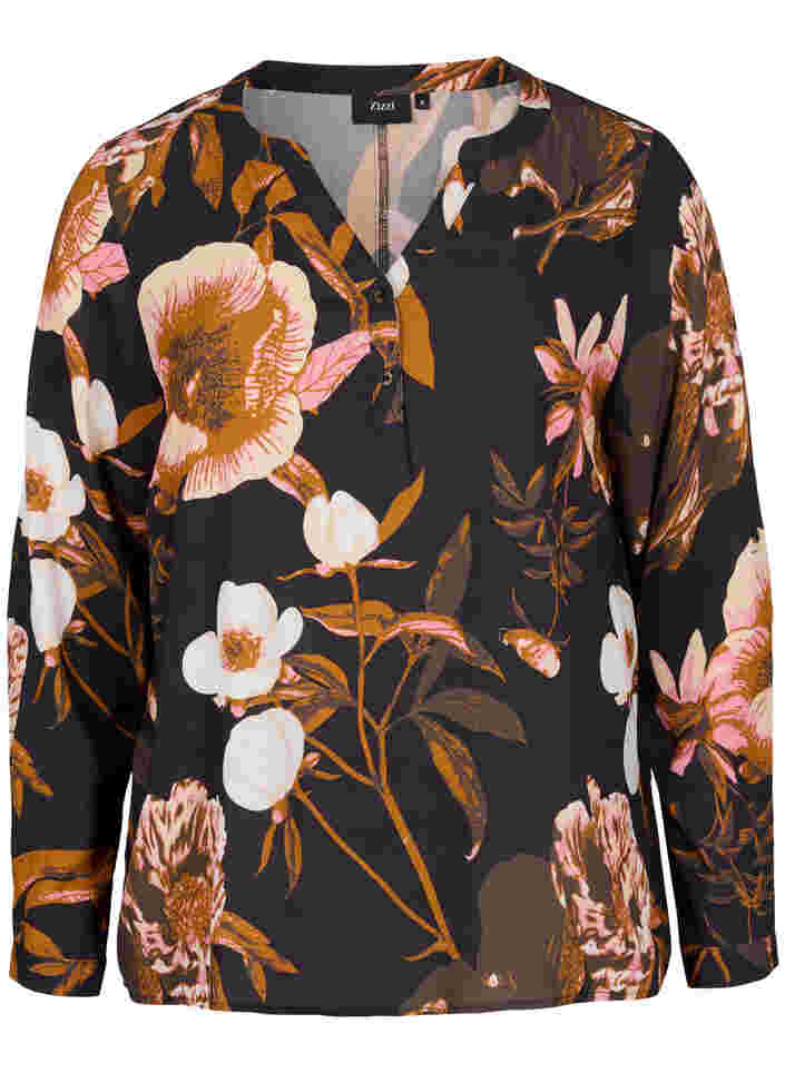 100% viscose blouse met bloemenprint, Black Flower AOP, Packshot image number 0