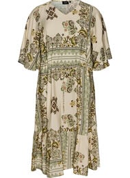 Gedessineerde midi jurk in viscose met strikceintuur, Groen