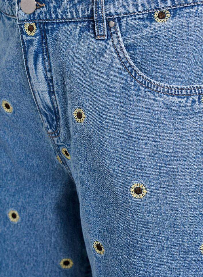 Korte spijkerbroek met geborduurde bloemen, Blauw, Packshot image number 2