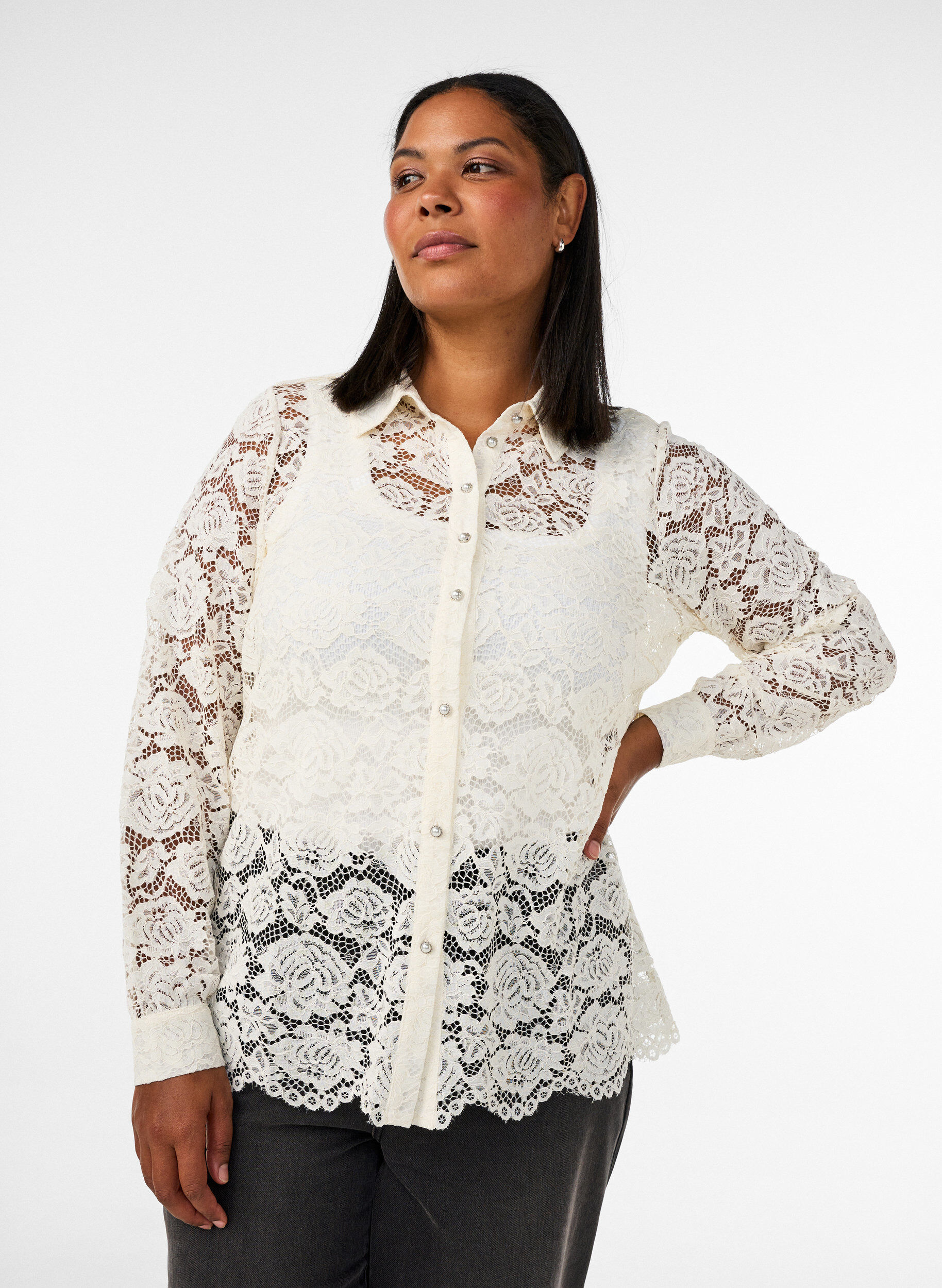 ZizziKanten shirt met parelknopen, Vanille, Model image number 0