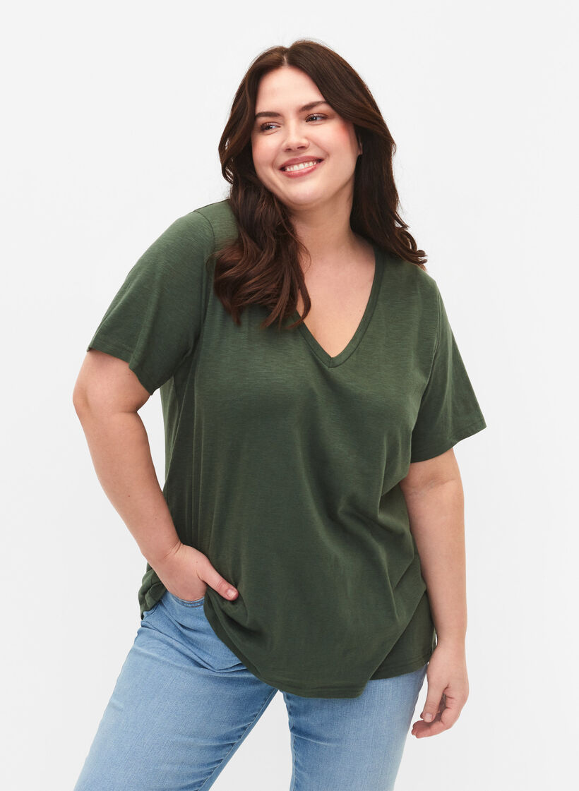 Basic t-shirt met korte mouwen en v-hals, Groen, Model image number 0