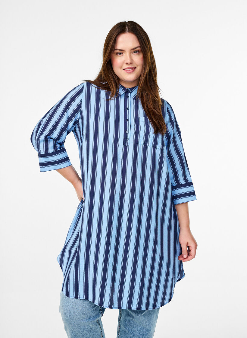 Korte jurk met kraag en borstzak, Blauw, Model image number 0