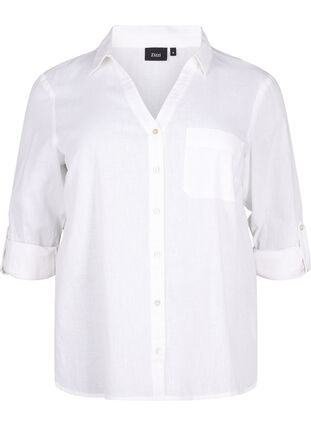 Shirtblouse met knoopsluiting van katoen-linnenmix, Bright White, Packshot image number 0