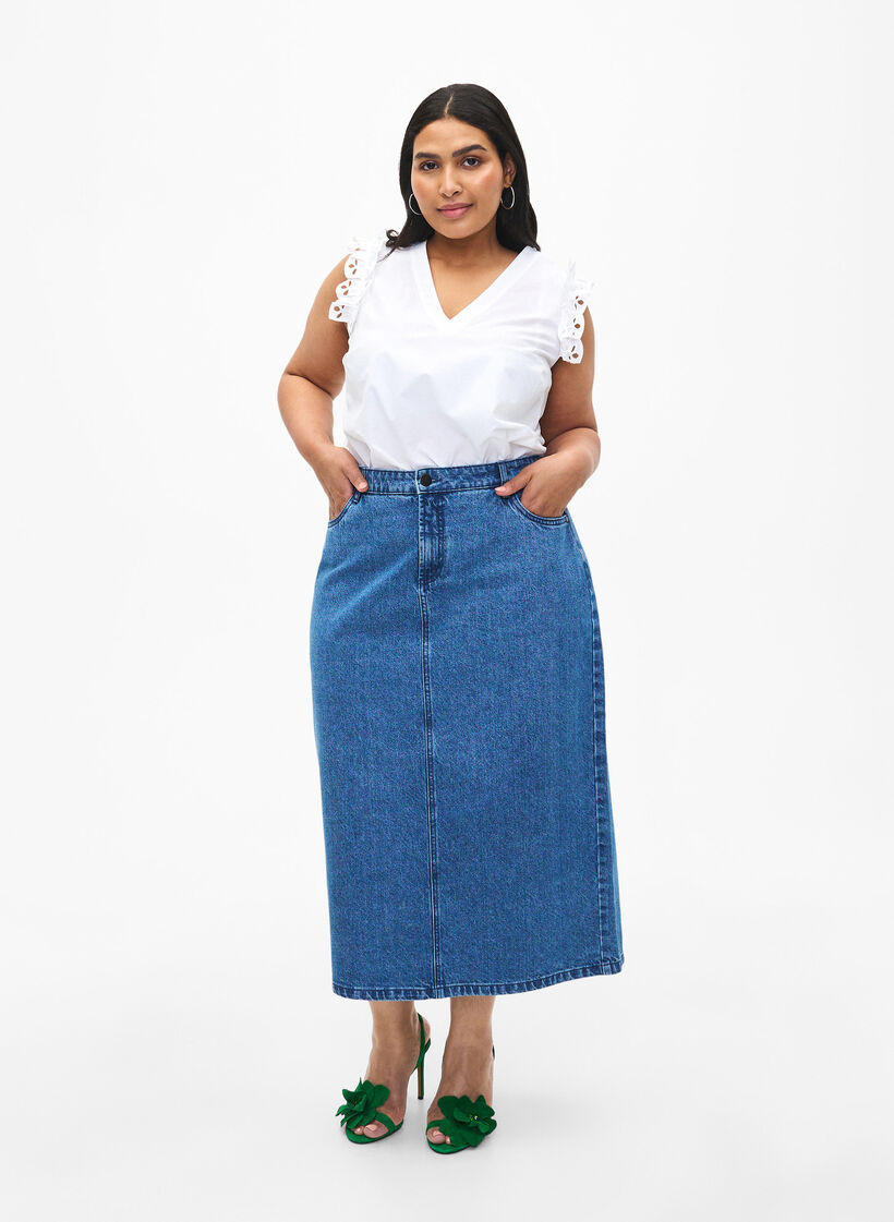 Mouwloze katoenen top met ruches, Wit, Model image number 1