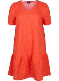 Gestructureerde jurk met korte pofmouwen, Mandarin Red
