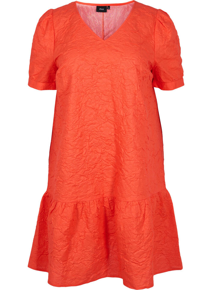 Gestructureerde jurk met korte pofmouwen, Mandarin Red, Packshot image number 0