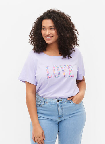Katoenen t-shirt met ronde hals en opdruk, Lavender W. Love, Model image number 0