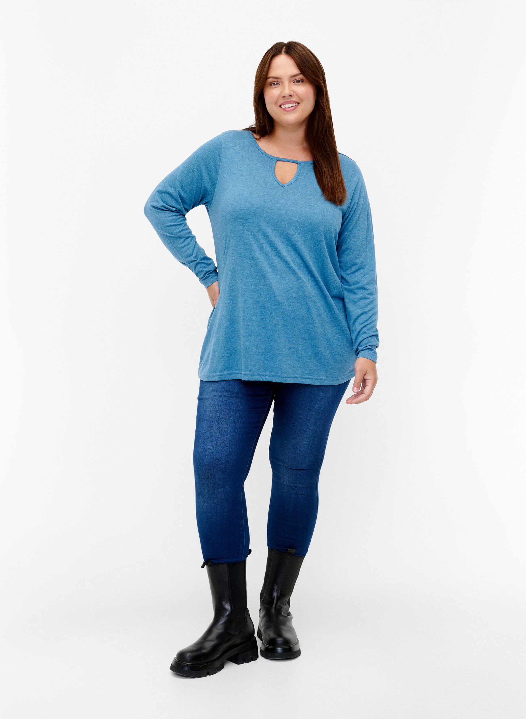 Zizzi Gem&ecirc;leerde blouse met lange mouwen, Legion Blue Mel., Model image number 2