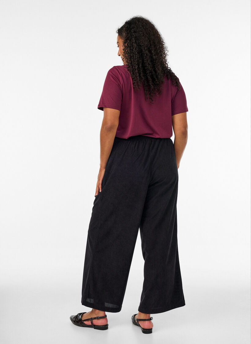 Corduroy broek met wijde pijpen en een hoge taille, Zwart, Model image number 1