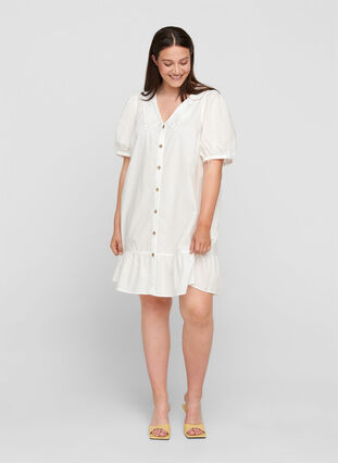 Katoenen blouse jurk met ballonmouwen, Bright White, Model image number 2