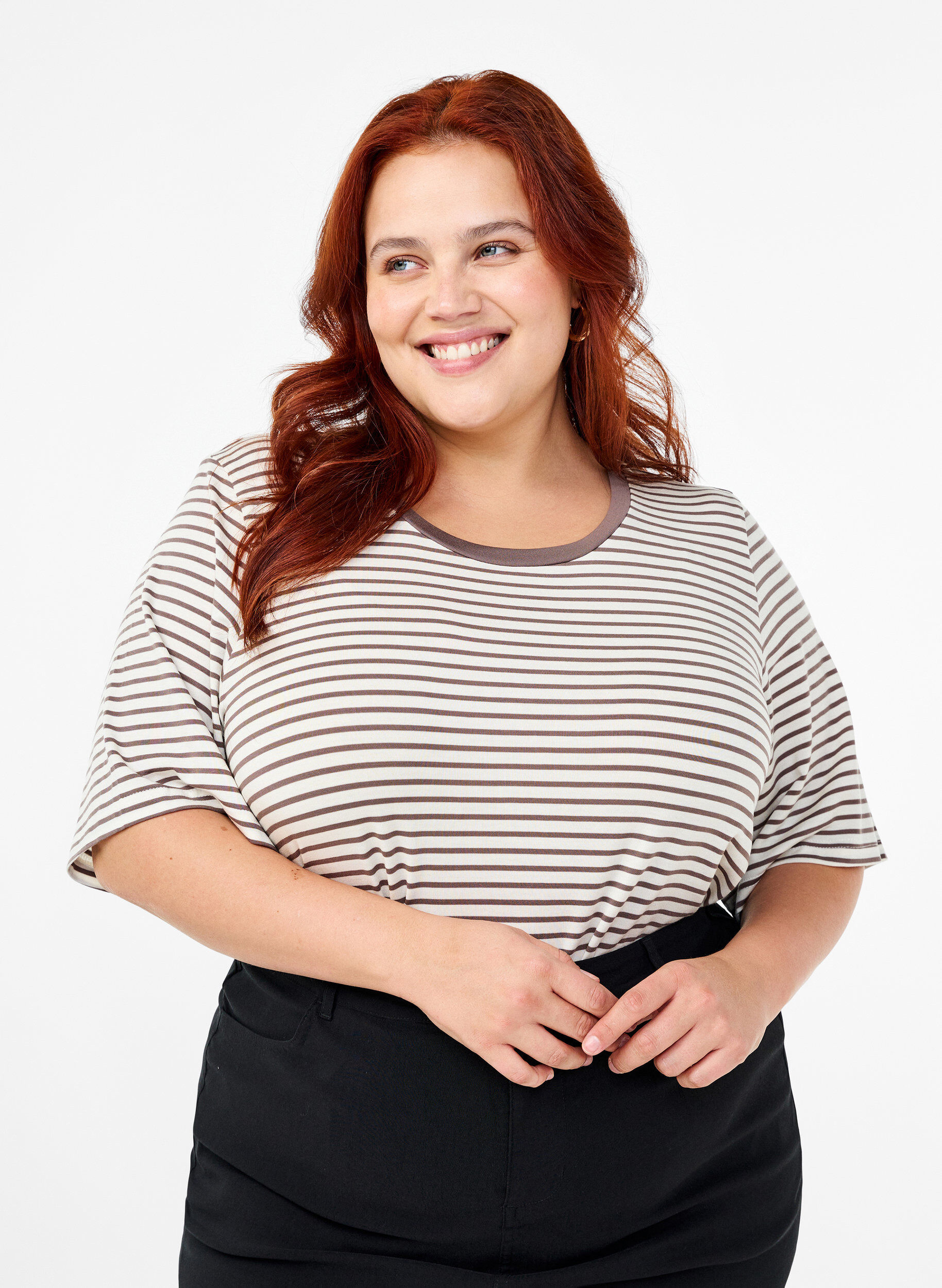 Zizzi Gestreept T-shirt van lyocell met ronde hals, Bruin, Model image number 0