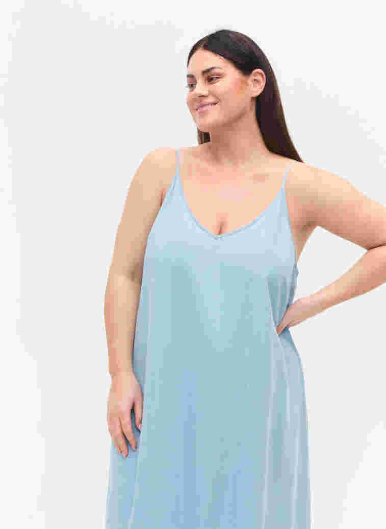 Lange denim jurk met dunne bandjes, Light blue denim, Model image number 2