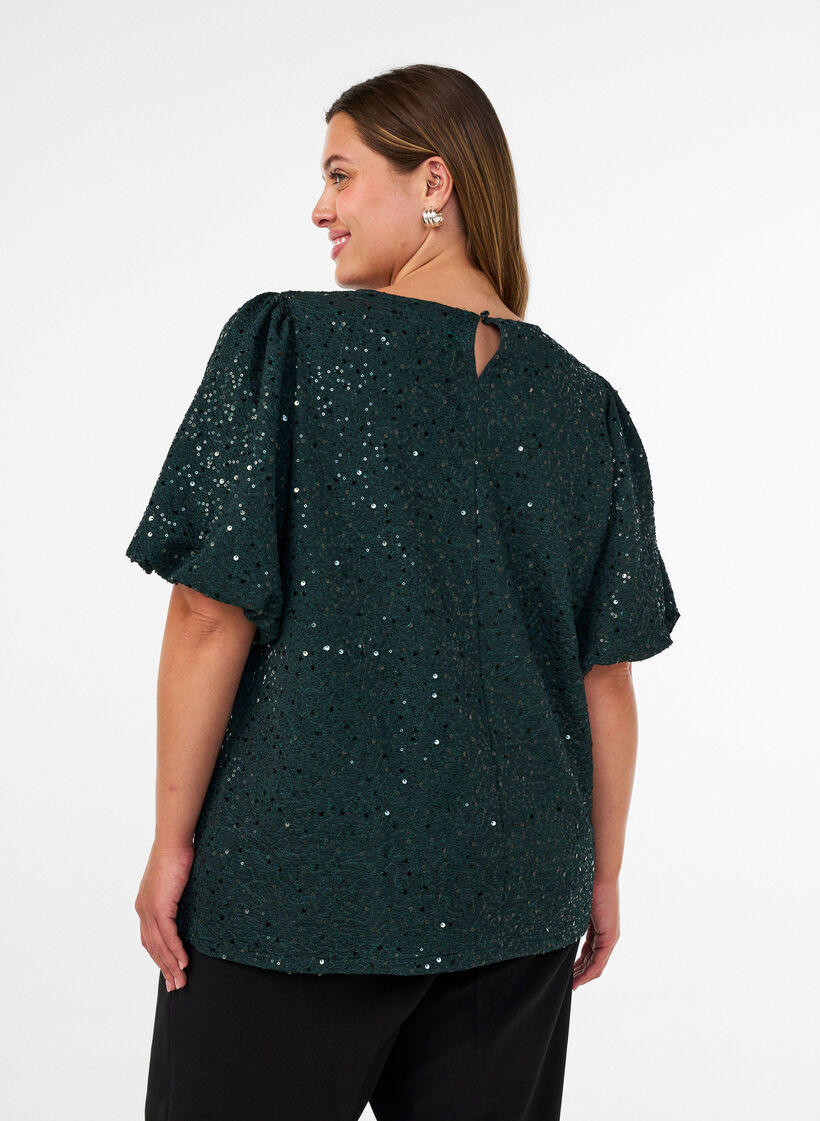 Blouse met pailletten en ballonmouwen, Groen, Model image number 2