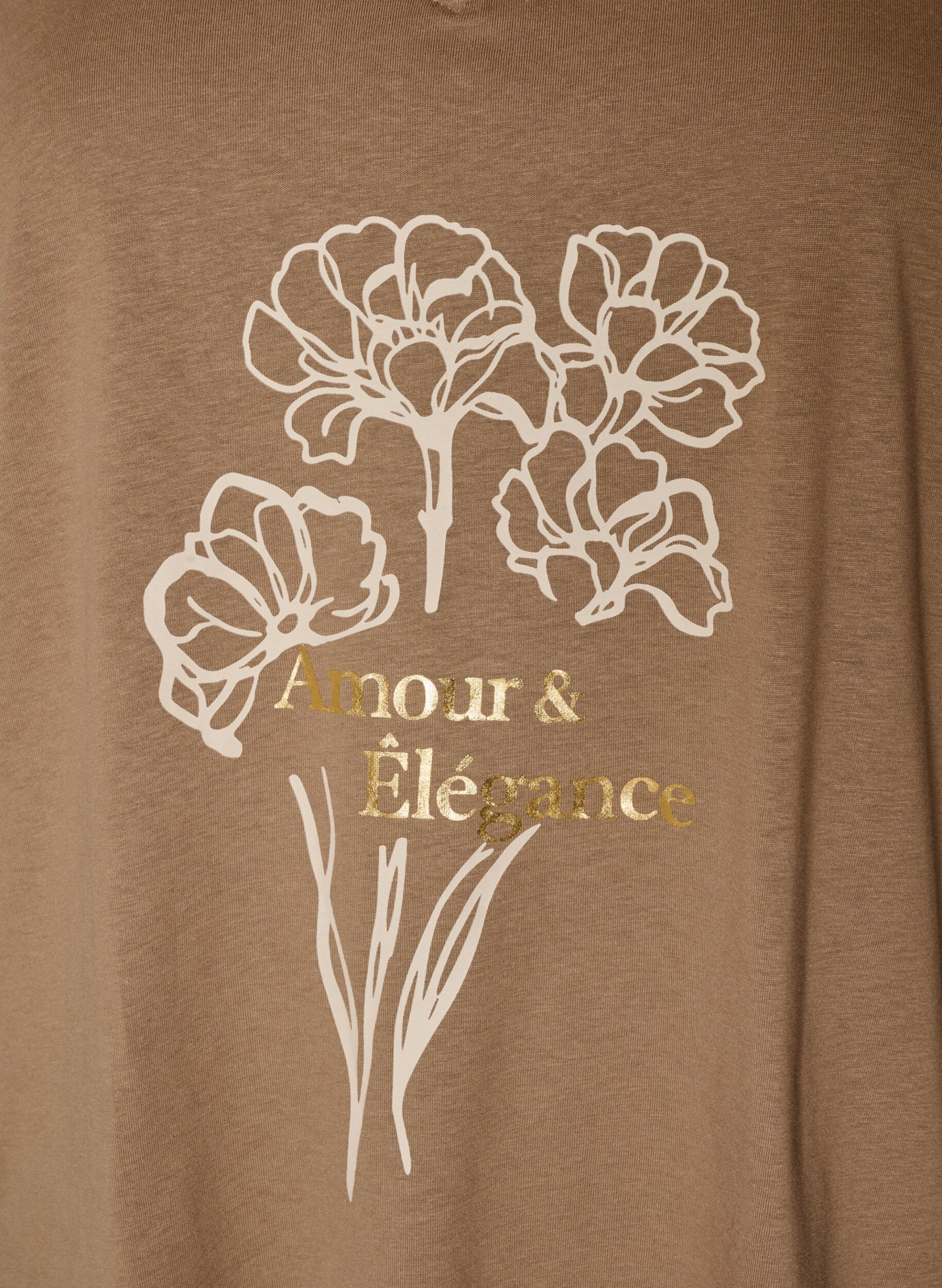 ZizziKatoenen T-shirt met V-hals en print aan de voorkant, Bruin, Packshot image number 2