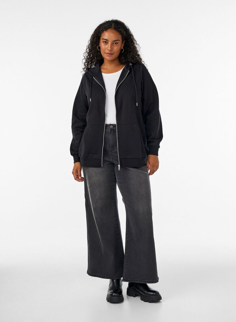 Sweathoodie met ritssluiting en zakken, Zwart, Model image number 1