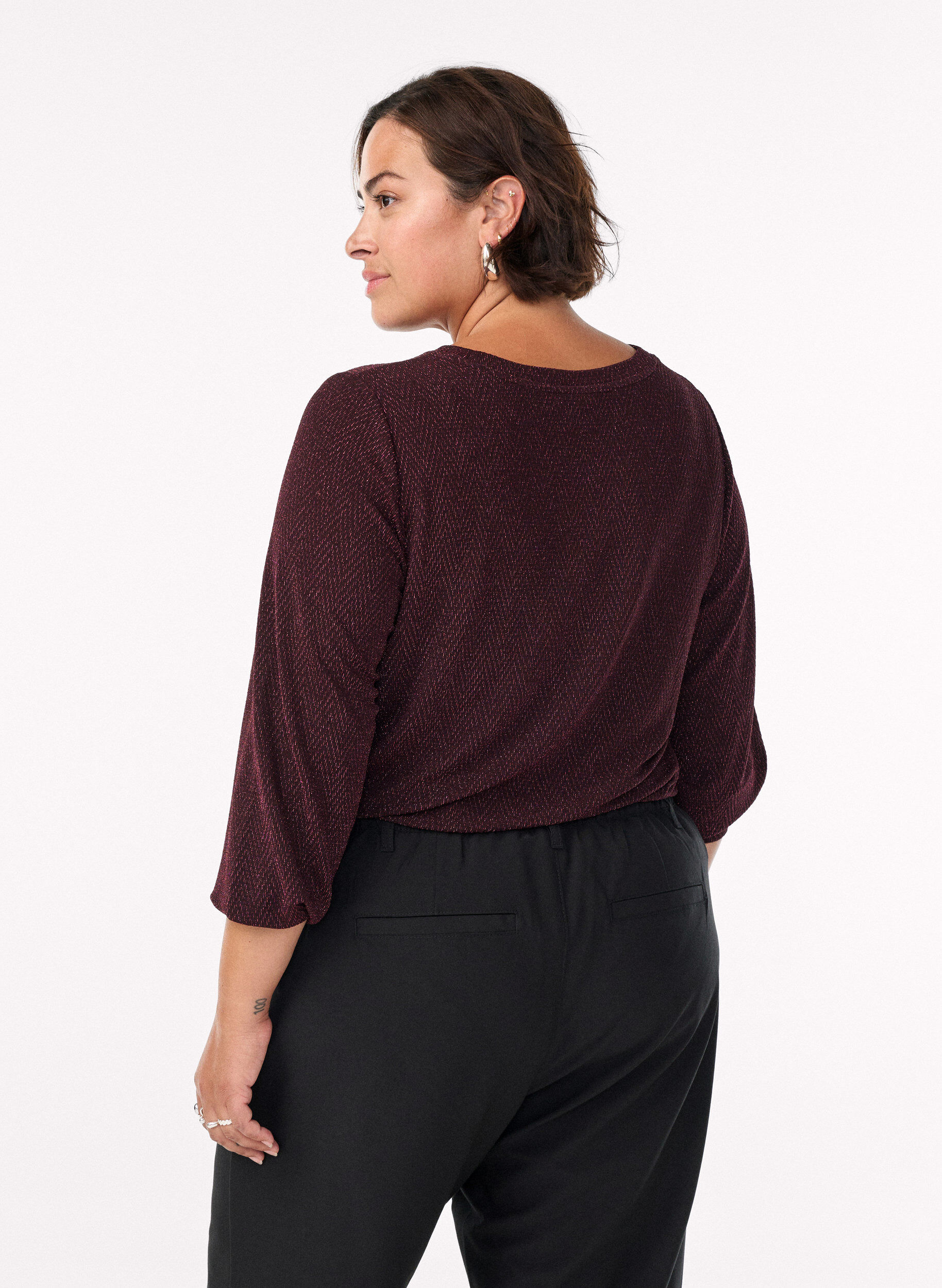 ZizziBlouse met visgraatpatroon en glinsterend garen, Donker Bordeaux, Model image number 2